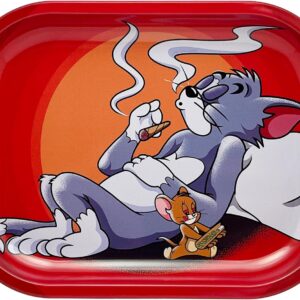 Rolling Tray - Durable 7"" x 5.5"" Cat and Mouse Funny Metal Cigarette Rolling Tray/Ashtray for Papers and Wraps - Roll with Style and No More Spills, Red, STGRT001