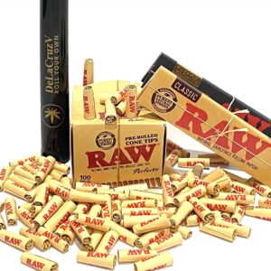Raw Pre-Rolled Perfecto Cone Tips 1 pack of 100 tips and Two packs of raw King Size Paper and DeLaCruzV Tube.