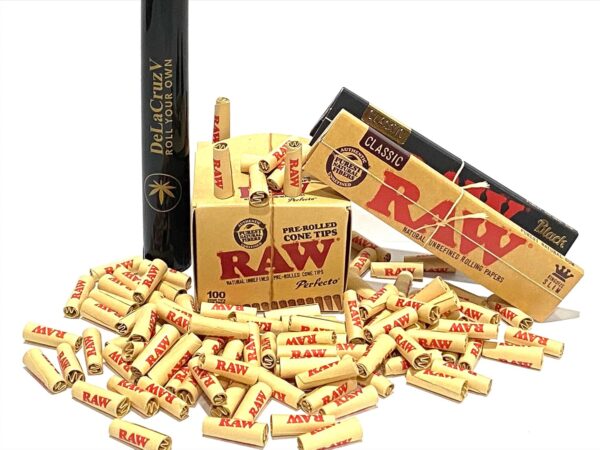 Raw Pre-Rolled Perfecto Cone Tips 1 pack of 100 tips and Two packs of raw King Size Paper and DeLaCruzV Tube.
