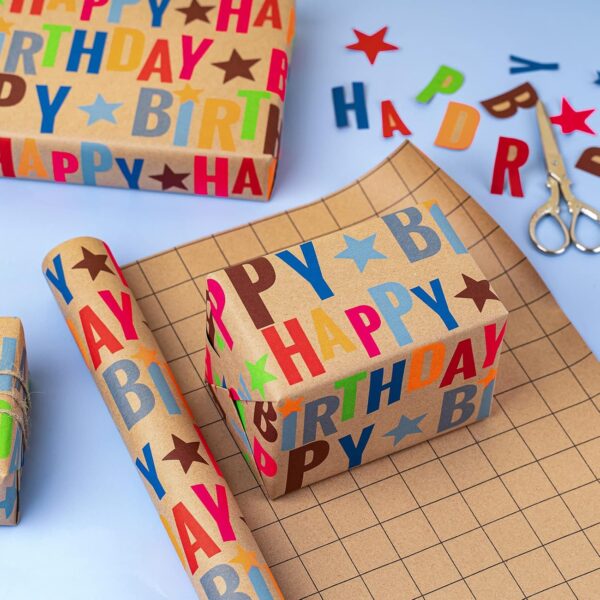 BIOBROWN Kraft Wrapping Paper Roll Colorful Text Happy Birthday Design Perfect for Birthday Holiday Wrap 17 inch X 33 feet - Image 2