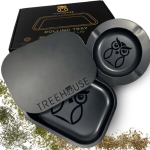 Black Treehouse Rolling Tray Set with PVC Soft Magnetic Lid, Ashtray Included for Home Storage or Travel - 7" x 5.5", Small, Cute