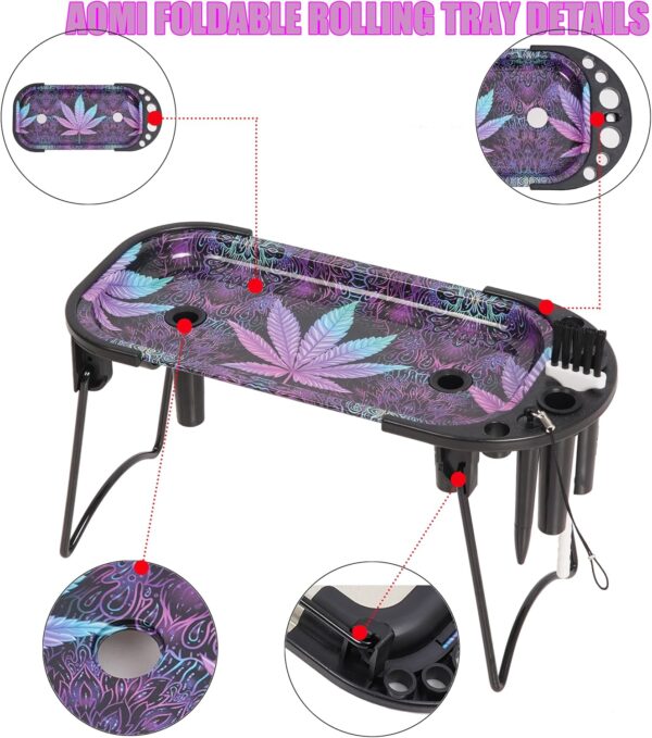 Foldable Metal Rolling Tray, Large Purple Multi-Purpose Folding Metal Tray, 9.4 x 4.13 inches Table Organizer Kit Including Tools Packer Brush Plugs Purple Leaf - Image 3