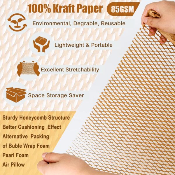 Honeycomb Packing Paper, 15" x 180' Recyclable Cushion Packing Paper for Moving Shipping Packaging Breakables, Eco Friendly Bubble Wrap Alternative Roll Kraft Honeycomb Paper with 20 Fragile Stickers - Image 2