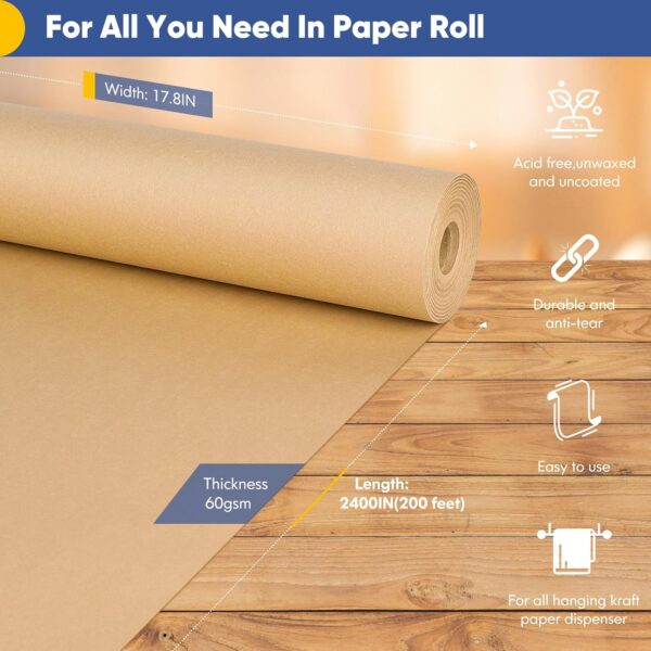 Vanhench Brown Large Kraft Paper Roll 17.8"x 2400", Craft Paper Roll for Bulletin Board Kids Arts Crafts Packing Wrap Moving Shipping Poster Floor Covering Crafting Drawing Craft Table - Image 2