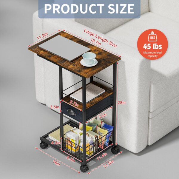 C Shaped Sofa Side Table: Couch End Table with Drawer - Bedside Table with Wheels - 19.7''L x 11.8''W x 28''H - C Mobile Tables with Storage Basket for Living Room Bedroom - Image 3