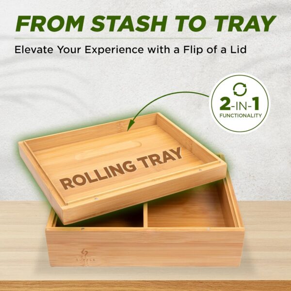 Large Bamboo Stash Box w/Ample Storage Space to Organize Herb Accessories - Comes with Convertible Rolling Tray Lid - (10" x 8" x 3.5") - Image 3