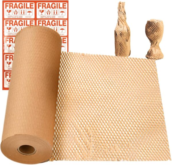 Dish Packing Kit Glassware Moving Supplies for Friagle Items 15"x500' Honeycomb Packing Paper Roll Recyclable Moving Paper with Fragile Stickers Alternative to Bubble Cushioning Wrap for Shipping