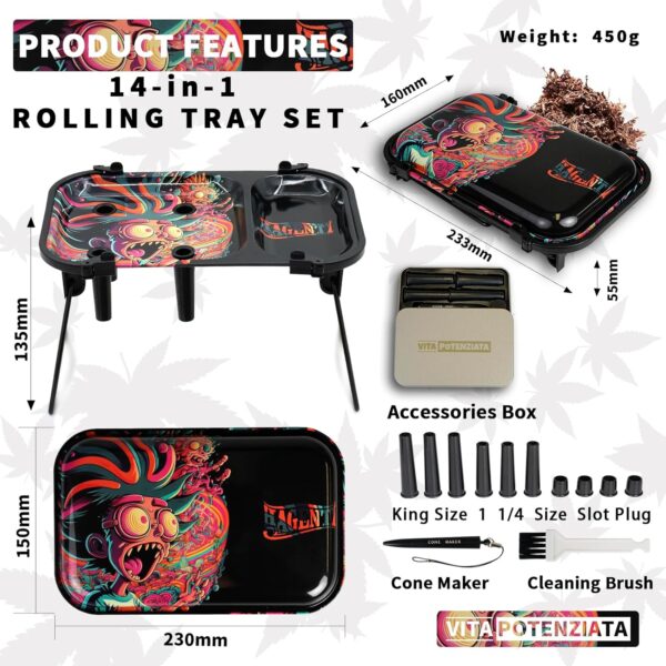 14-in-1 Upgraded Metal Rolling Tray Set - Dual 9.2x6.3 Expanded Trays with 4 Slots Cone Loader, Portable Pre Roll Machine Kit with Lid, Foldable Stand, Cone Roller, Cone Fillers & Funnel (Einstein) - Image 2