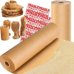 15" x 164' Honeycomb Packing Paper Bubble Wrap Alternative, Recyclable Moving and Shipping Cushion Material for Fragile Items with 12 Fragile Stickers