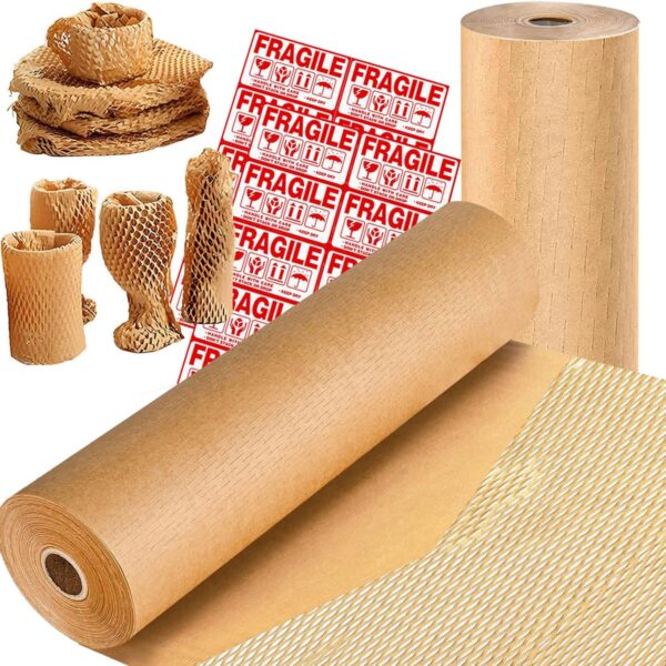 15" x 164' Honeycomb Packing Paper Bubble Wrap Alternative, Recyclable Moving and Shipping Cushion Material for Fragile Items with 12 Fragile Stickers