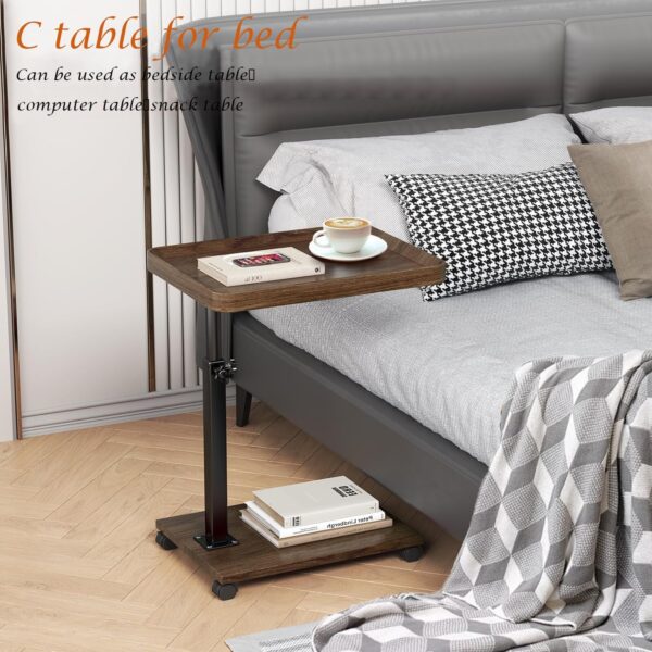C Table End Table Adjustable Height, 360°Swivel TV Tray Table for Small Spaces, Couch Tables That Slide Under, C Shaped Side Tables with Wheels for Living Room and Bedroom, Bed - Image 4