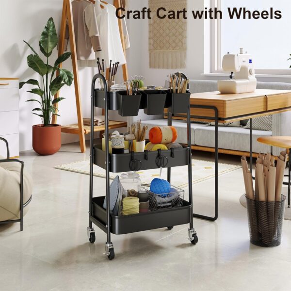 3 Tier Black Metal Rolling Cart with Lockable Wheels and Cups, Three Tiered Utility Storage Organizer on Wheels for Bathroom, Kitchen, Laundry, Garage, Office, Craft, Art, Baby Diaper, Snacks, Books - Image 5