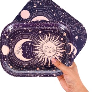 Sun Lunar Rolling Tray with Magnetic Lid, 7x5.5 - Small Whimsigoth Decorative Tray Cute - Ideal for Home& Travel, Celestial Aesthetic Metal Tray - Mystical Gifts for Spiritual Hippie, Astrology, Tarot