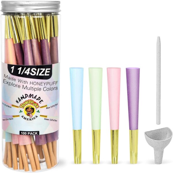 100 PACK Colorful Pre Rolled Cones With Golden Tips, 1 ¼ Size Rainbow Preroll Cones Rolling Papers(Include Loader and Packing Sticks) - Image 7