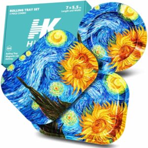 Rolling Tray with PVC Soft Magnetic Lid - 7 x 5.5'', Ashtray - 5.8 x 5.8'' - Set of 3 (Sunflower)