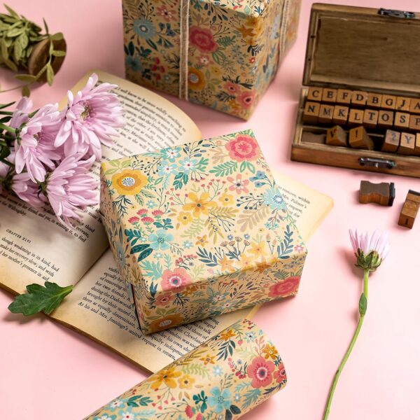 WRAPAHOLIC Kraft Floral Wrapping Paper Roll - Mini Roll - 17 Inch x 9.8 Feet - Spring Summer Garden Flower Design Perfect for Wedding, Bridal Shower, Birthday - Image 6