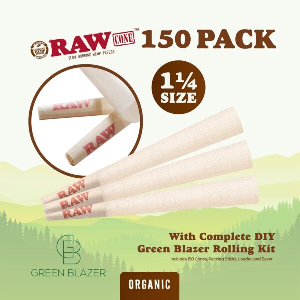 RAW Cones Organic 1-1/4 Size: 150 Pack – Patented Slow Burning Pre Rolled Rolling Papers with Tips, Organic Raw Paper, 84mm - Image 2