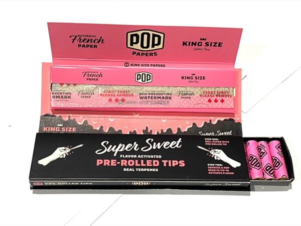 POP King Size Cigarette Rolling paper with Pre-rolle-tips, Mix Flavor (super sweet, banana cream, tropical mango, strawberry), with DeLaCruzV tube. - Image 5