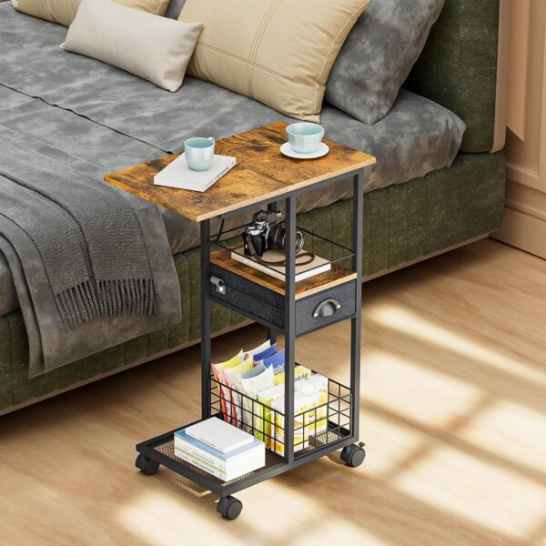 C Shaped Sofa Side Table: Couch End Table with Drawer - Bedside Table with Wheels - 19.7''L x 11.8''W x 28''H - C Mobile Tables with Storage Basket for Living Room Bedroom - Image 7
