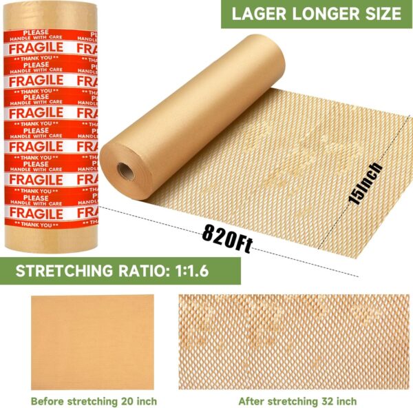 Honeycomb Packing Paper Wrap 15''x820', Substitute Alternative for Bubble Cushioning Wrap for Moving Shipping Packaging, Recyclable Moving Supplies with 48 Fragile Sticker Labels - Image 7
