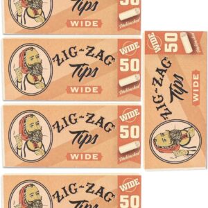 Zig-Zag Unbleached Rolling Paper Tips - Wide Size, Natural Fiber, 5 Pack (50 Tips Each)
