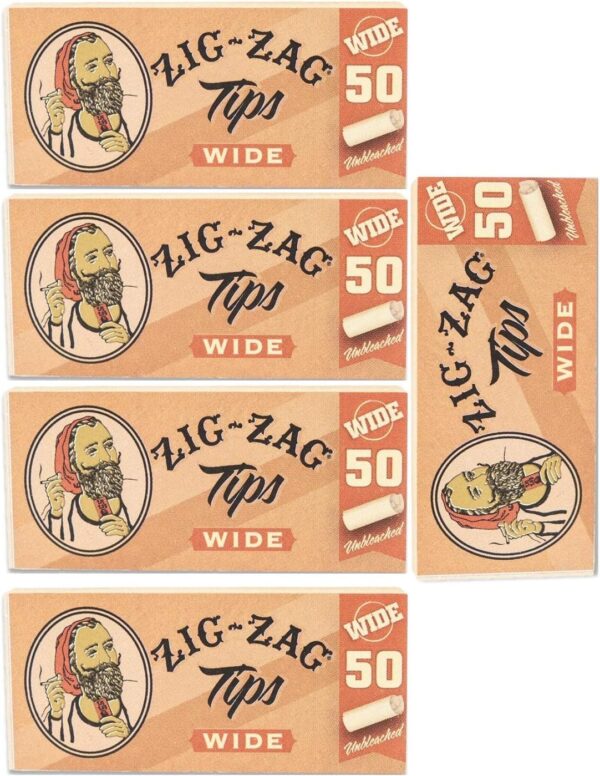 Zig-Zag Unbleached Rolling Paper Tips - Wide Size, Natural Fiber, 5 Pack (50 Tips Each)