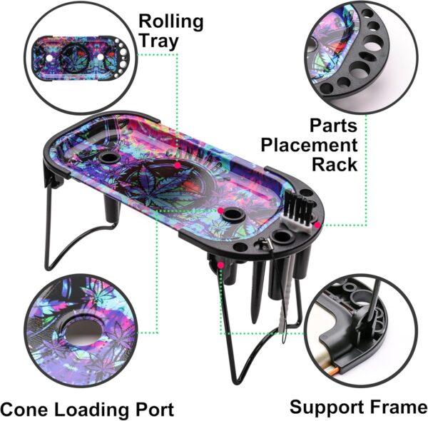 Metal Rolling Tray with Cone Loader for King Size &1 1/4 Size Pre Rolled Cones, Pre Roll Machine, Foldable Stand Cone Filler with Brush & Placement Device - Image 4