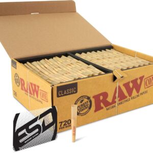 RAW Single Wide Cones 70/45 Sized | 720 Count | Natural Prerolled Rolling Paper with Tips with Tips and ESD Scoop Card
