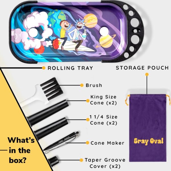 Rolling Tray with Cone Loader Accessories for King Size & 1 1/4 Size Pre Rolled Cones, Cone Filler & Foldable Stand - All-in-one Rolling Tray Set with Storage Bag by Gray Oval - Image 2