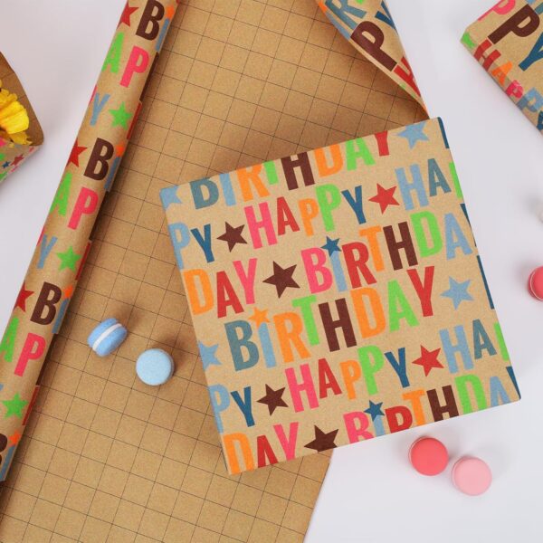 BIOBROWN Kraft Wrapping Paper Roll Colorful Text Happy Birthday Design Perfect for Birthday Holiday Wrap 17 inch X 33 feet - Image 3