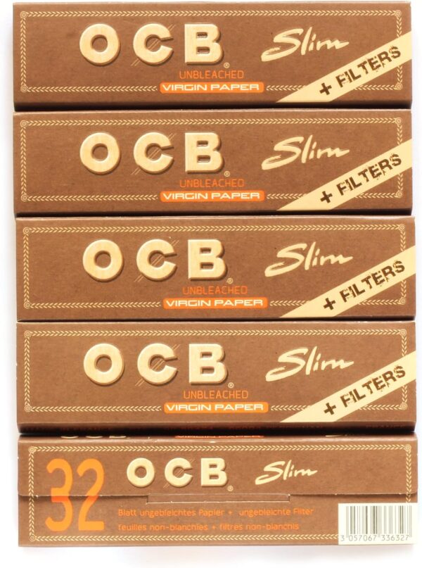 5 booklets OCB Virgin Slim Unbleached Rolling Paper King Size + Filter Tips