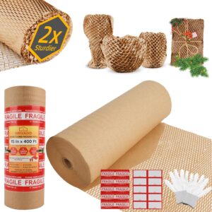 Honeycomb Packing Paper 15"x400' Roll with Fragile & Labelling Stickers, Gloves - Eco-Friendly Packing Paper Sheets for Moving Roll | Honeycomb Paper | Packing Bubble Wrap for Moving Supplies