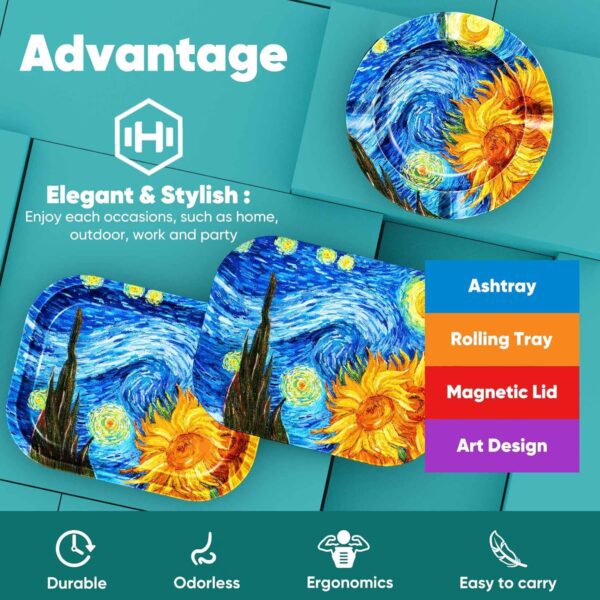 Rolling Tray with PVC Soft Magnetic Lid - 7 x 5.5'', Ashtray - 5.8 x 5.8'' - Set of 3 (Sunflower) - Image 4