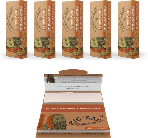 ZIG-ZAG Rolling Paper Combo Unbleached - 1 1/4 Size - 5 Pack (50 Sheets & Tips) - Slow Burning Rolling Papers with Filter Tips