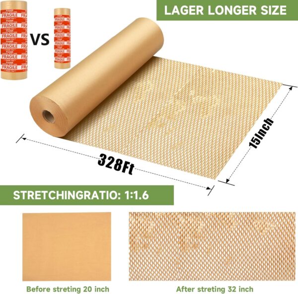 Honeycomb Packing Paper Wrap 15''x328', Substitute Alternative for Bubble Cushioning Wrap for Moving Shipping Packaging, Recyclable Moving Supplies with 48 Fragile Sticker Labels - Image 4