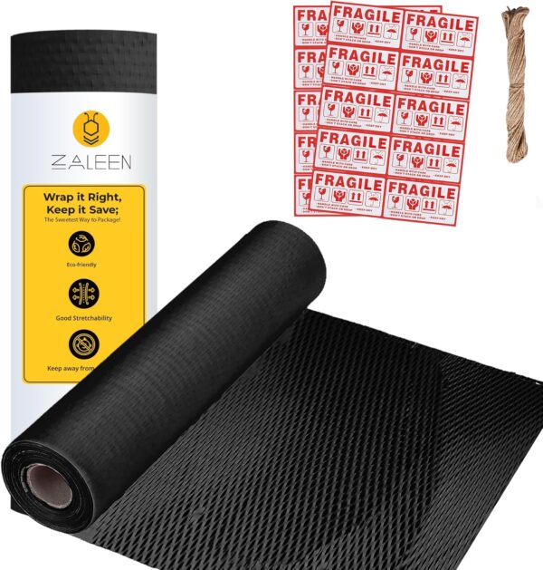 Honeycomb Packing Paper for Moving -15 In x 213 Ft, Shock Proof Black Wrapping Paper Roll for Shipping With 20 Fragile Stickers & 100Ft Jute Twine -Sustainable & Recyclable Moving Bubble Packing Roll