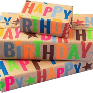 BIOBROWN Kraft Wrapping Paper Roll Colorful Text Happy Birthday Design Perfect for Birthday Holiday Wrap 17 inch X 33 feet