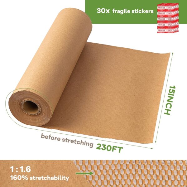 Honeycomb Packing Paper Roll 15''x230'-Goefun Recyclable Moving Supplies with 30 Fragile Sticker Labels, Shipping Supplies Substitute Alternative for Bubble Wrap for Packing Gift, Shipping, Moving - Image 2