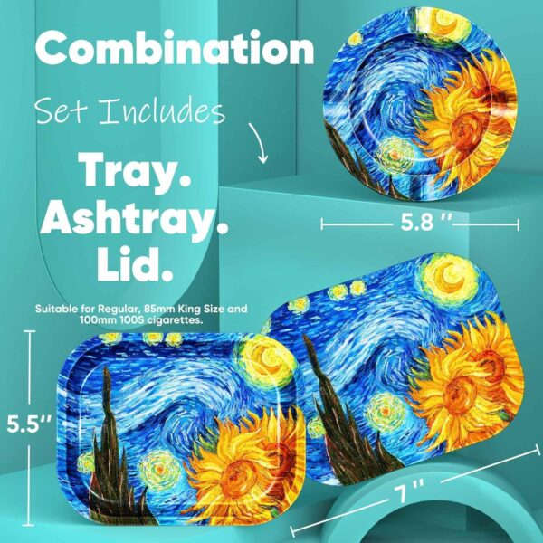 Rolling Tray with PVC Soft Magnetic Lid - 7 x 5.5'', Ashtray - 5.8 x 5.8'' - Set of 3 (Sunflower) - Image 3
