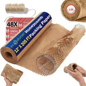 12”x200’ Honeycomb Packing Paper for Moving plus Fragile Stickers and Jute Twine. Eco Friendly Packing Materials Alternative to Bubble Plastic Packing Wrap. Kraft Paper Packaging Roll
