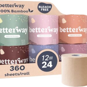 Betterway Unbleached Bamboo Toilet Paper Rolls - Eco-Friendly 3 Ply Toilet Tissue - 12 Double Rolls - 360 Sheets/Roll - Organic, FSC Certified, Septic Safe TP - Lint-Free, PFA-Free Bath Tissue