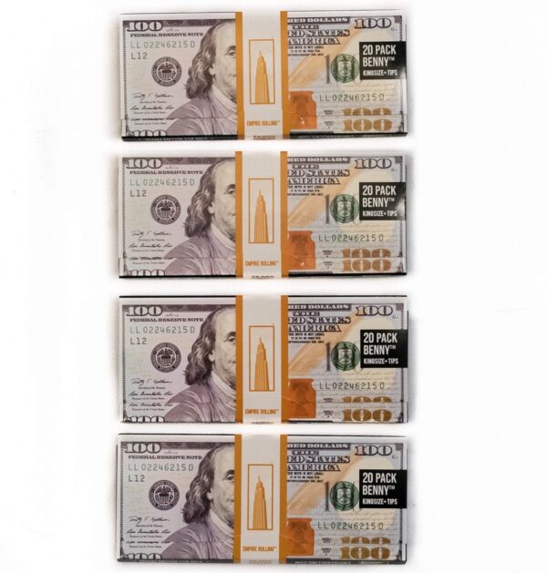 Empire Rolling® Benny Original 4-Pack – King Size Ultra-Thin Rolling Papers with Tips, $100 Bill Design, Natural Fibers, 111mm x 44.5mm (80 Papers + 80 Tips) - Image 4