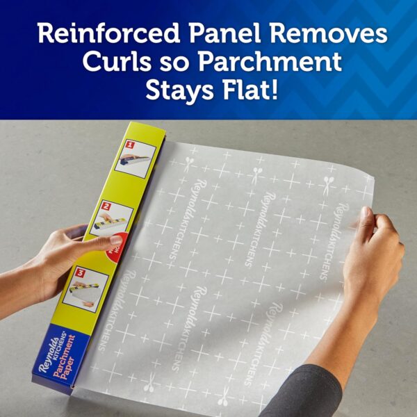 Reynolds Kitchens Stay Flat Dispensing Parchment Paper for Baking and Roasting, Parchment Paper Roll, Great for Baking and Rolling Dough, Non-stick, Reusable Up to 3x, 45 Sq. Ft. - Image 3