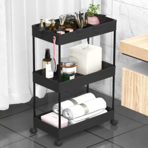 SPACELEAD 3 Tier Rolling Cart with Wheels, Storage Craft Art Trolley Organizer Serving, 3 Hanging Baskets Easy Assembly, for Office, Living Room, Kitchen, Black