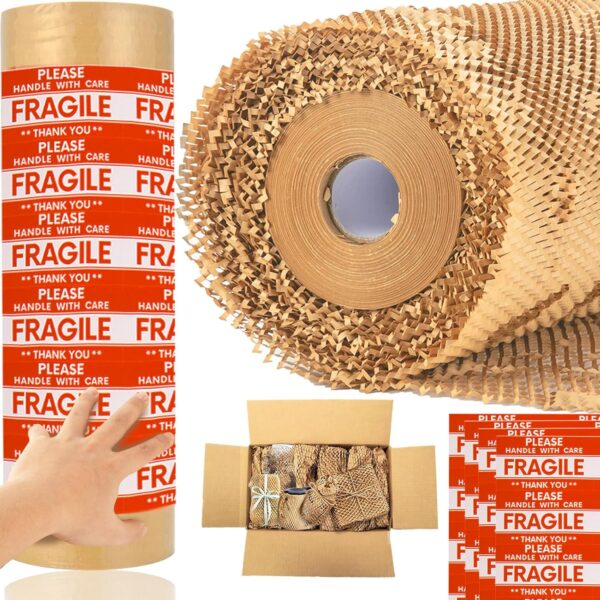 Honeycomb Packing Paper Wrap 15''x328', Substitute Alternative for Bubble Cushioning Wrap for Moving Shipping Packaging, Recyclable Moving Supplies with 48 Fragile Sticker Labels - Image 8