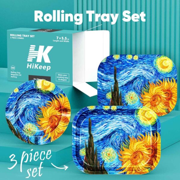Rolling Tray with PVC Soft Magnetic Lid - 7 x 5.5'', Ashtray - 5.8 x 5.8'' - Set of 3 (Sunflower) - Image 2