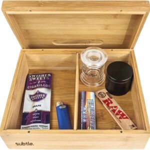 Large Bamboo Stash Box w/Ample Storage Space to Organize Herb Accessories - Comes with Convertible Rolling Tray Lid - (10" x 8" x 3.5")
