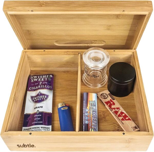 Large Bamboo Stash Box w/Ample Storage Space to Organize Herb Accessories - Comes with Convertible Rolling Tray Lid - (10" x 8" x 3.5")