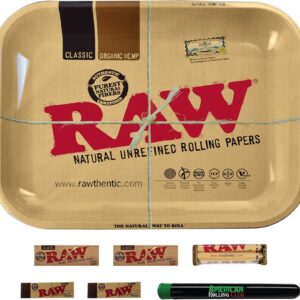 RAW Tray Combo Includes RAW Tray, RAW 1 1/4 Cigarette Papers, RAW Tips, RAW 79mm Roller and ARC Cigarette Saver (Large)