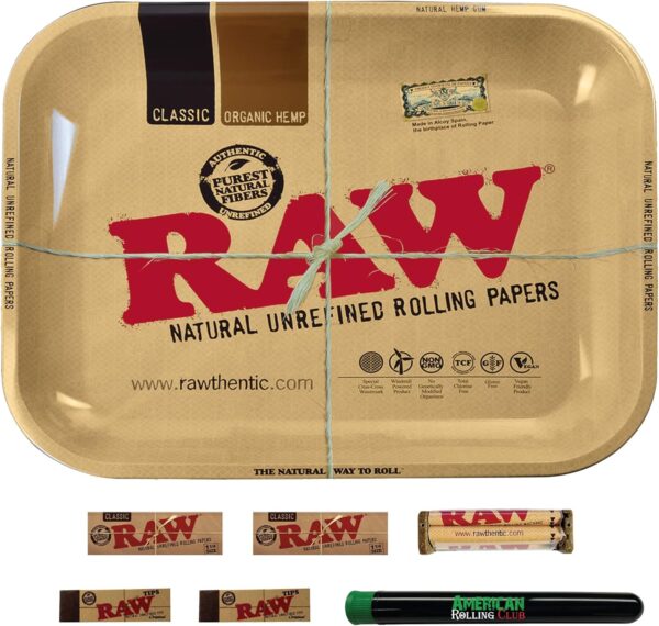 RAW Tray Combo Includes RAW Tray, RAW 1 1/4 Cigarette Papers, RAW Tips, RAW 79mm Roller and ARC Cigarette Saver (Large)